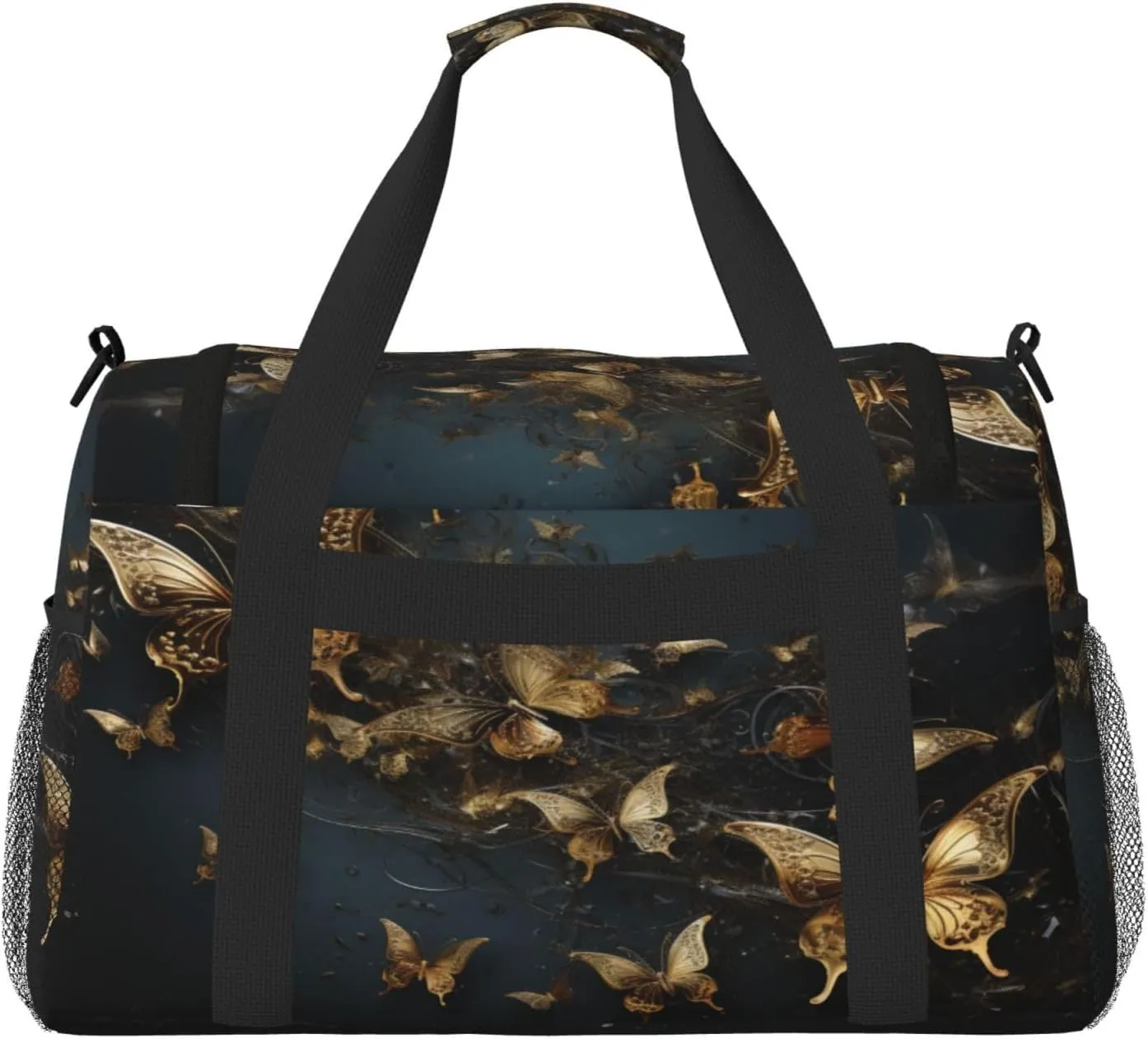 Travel Duffel Bag For Men Women, Gold Butterflies Dark Carry On Sport Gym Bag With Shoulder Strap Lightweight Waterproof Weekender Bag Overnight Bag