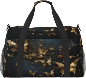 Travel Duffel Bag For Men Women, Gold Butterflies Dark Carry On Sport Gym Bag With Shoulder Strap Lightweight Waterproof Weekender Bag Overnight Bag
