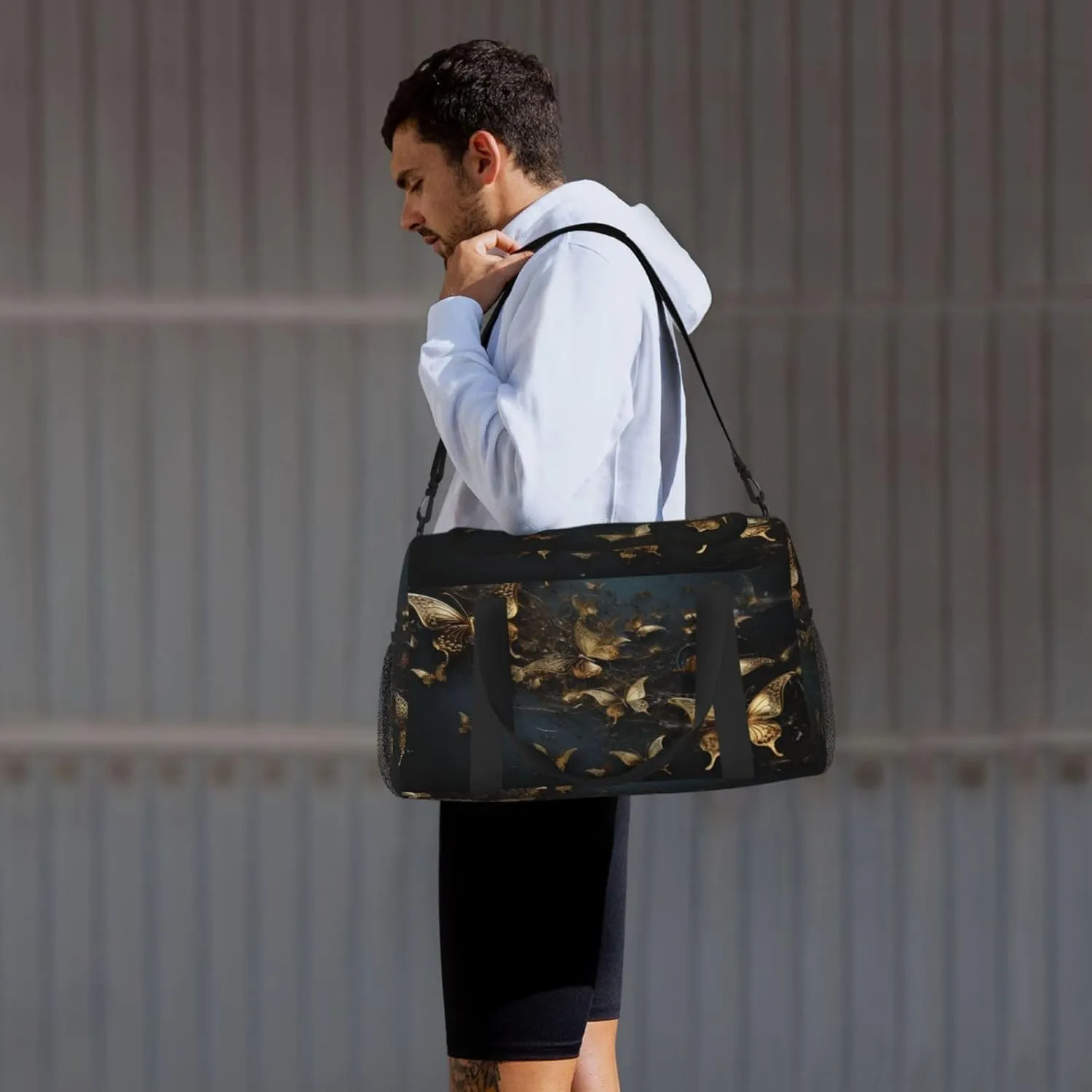 Travel Duffel Bag For Men Women, Gold Butterflies Dark Carry On Sport Gym Bag With Shoulder Strap Lightweight Waterproof Weekender Bag Overnight Bag