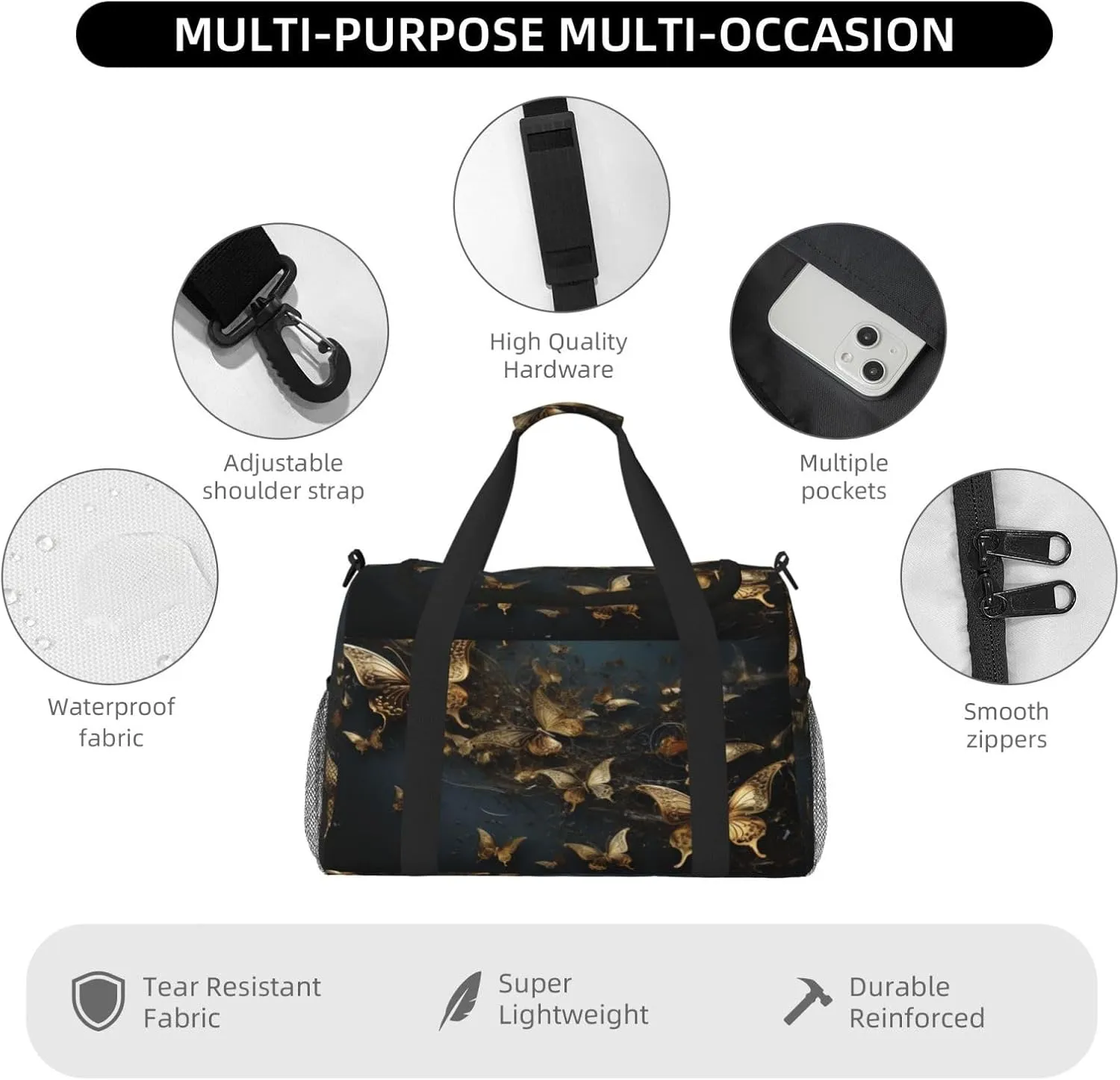 Travel Duffel Bag For Men Women, Gold Butterflies Dark Carry On Sport Gym Bag With Shoulder Strap Lightweight Waterproof Weekender Bag Overnight Bag