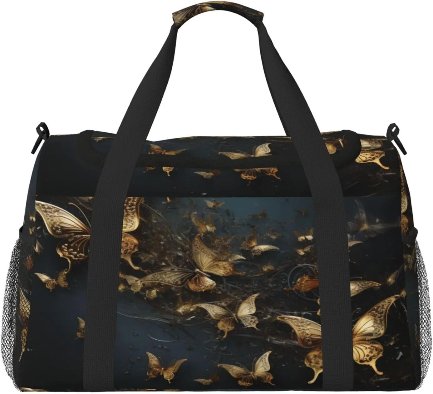 Travel Duffel Bag For Men Women, Gold Butterflies Dark Carry On Sport Gym Bag With Shoulder Strap Lightweight Waterproof Weekender Bag Overnight Bag