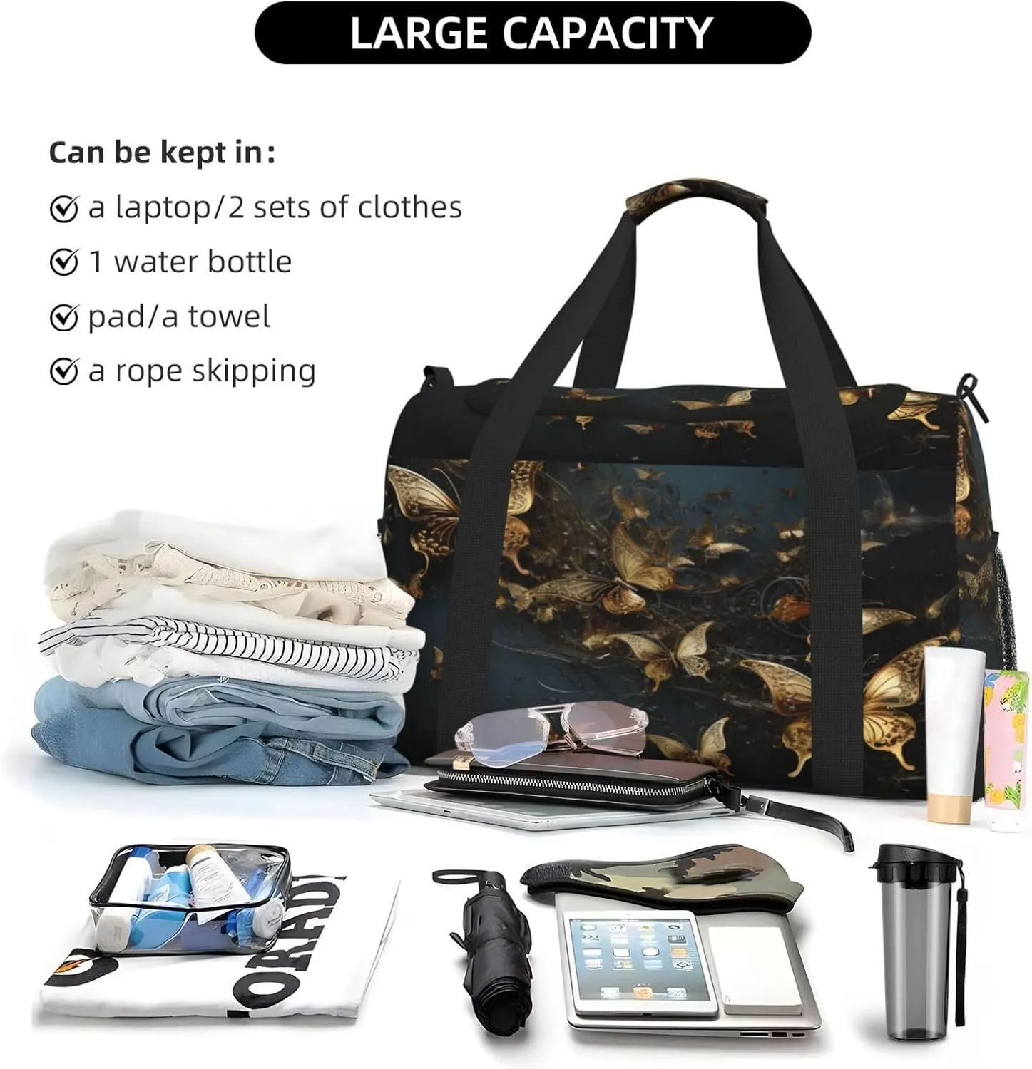 Travel Duffel Bag For Men Women, Gold Butterflies Dark Carry On Sport Gym Bag With Shoulder Strap Lightweight Waterproof Weekender Bag Overnight Bag
