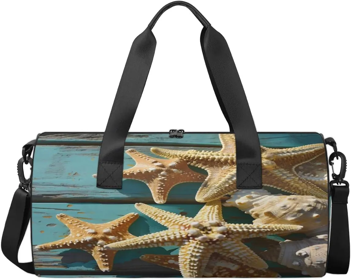 Travel Duffel Bag Wood Starfish Sports Gym Bag for Womens Mens, Waterproof Weekend Overnight Bag Lightweight Carry on Bag for Airplanes Yoga Dance Beach Swim Hospital Holdalls,A-1002