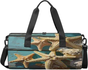 Travel Duffel Bag Wood Starfish Sports Gym Bag for Womens Mens, Waterproof Weekend Overnight Bag Lightweight Carry on Bag for Airplanes Yoga Dance Beach Swim Hospital Holdalls,A-1002