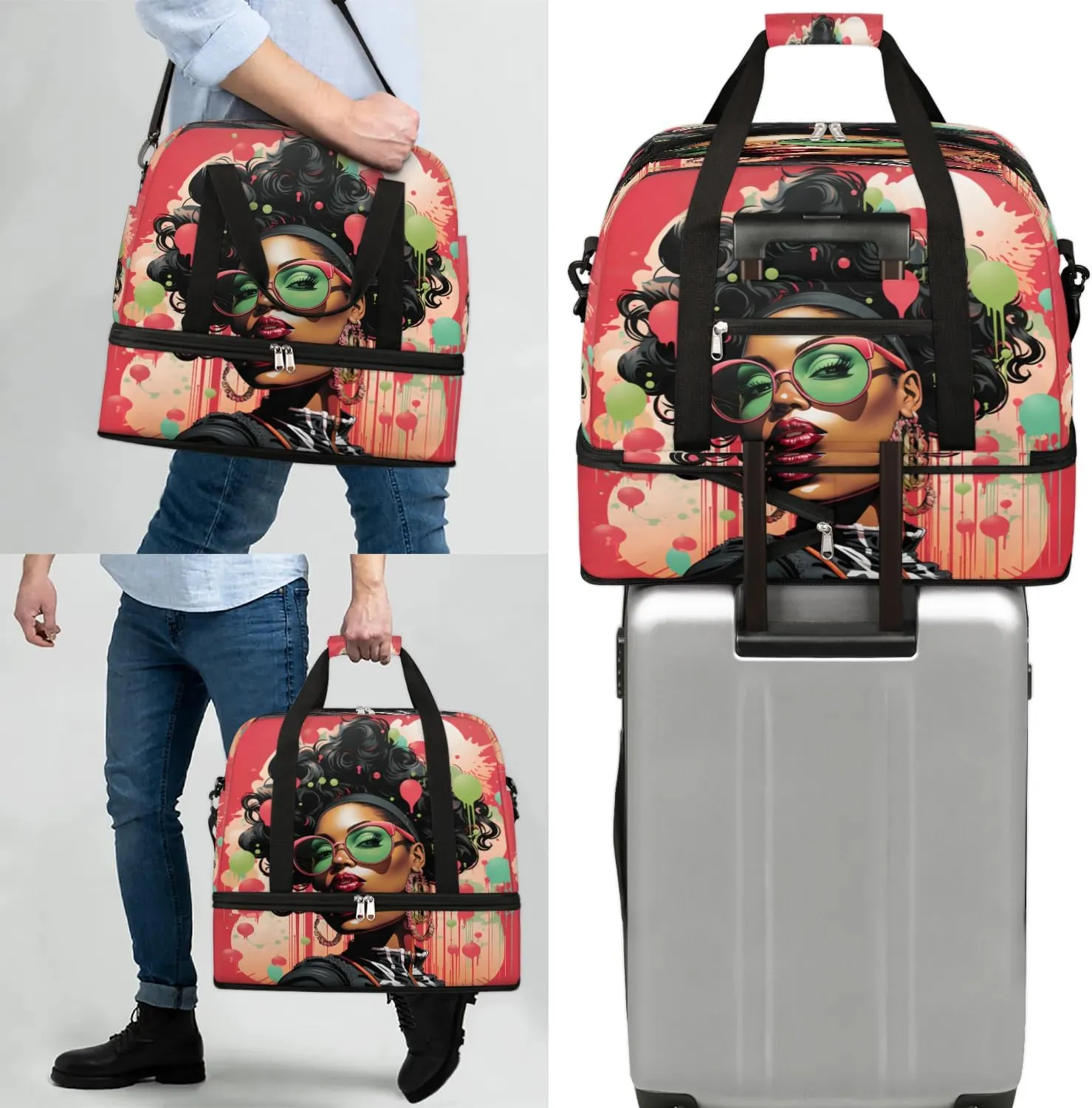Travel Duffel Bags African Girl Prints Foldable Weekender Bags for Women with Shoes Compartment Waterproof & Tear Resistant Carry on Overnight Luggage Duffel Bag Shoulder Sports Tote Bag,A-907