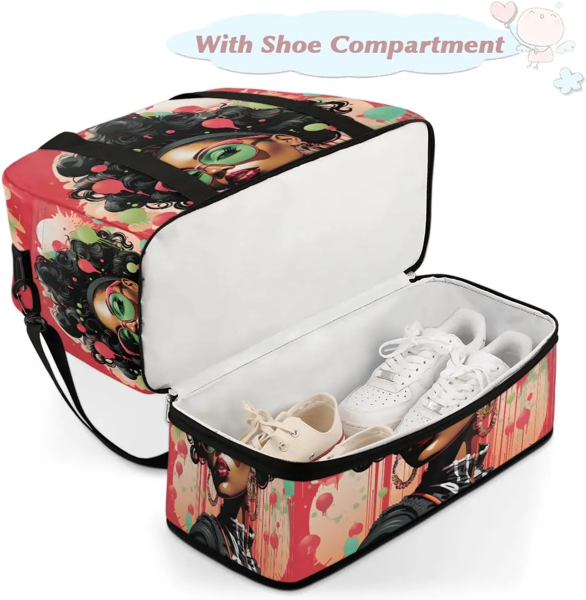 Travel Duffel Bags African Girl Prints Foldable Weekender Bags for Women with Shoes Compartment Waterproof & Tear Resistant Carry on Overnight Luggage Duffel Bag Shoulder Sports Tote Bag,A-907