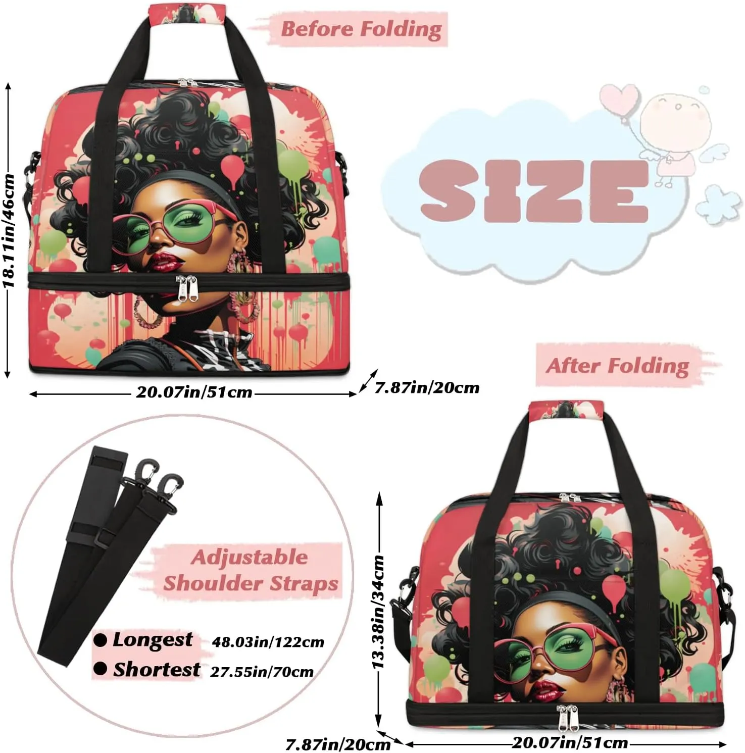 Travel Duffel Bags African Girl Prints Foldable Weekender Bags for Women with Shoes Compartment Waterproof & Tear Resistant Carry on Overnight Luggage Duffel Bag Shoulder Sports Tote Bag,A-907