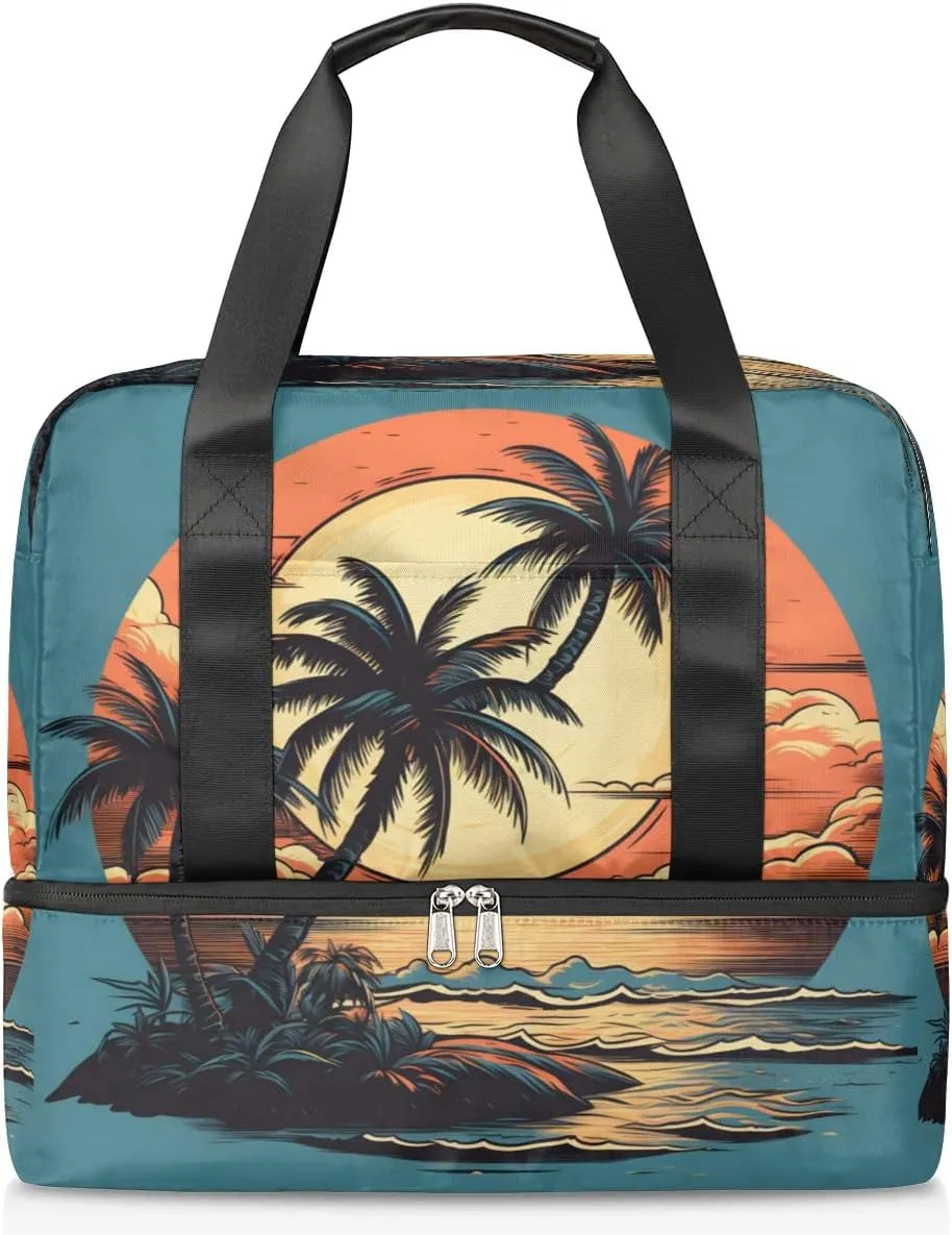 Travel Duffel Bags Coconut Tree Beach Sports Gym Bag with Wet Pocket & Shoes Compartment Large Duffel Bags Waterproof Overnight Bag Weekender Bags for Women Men