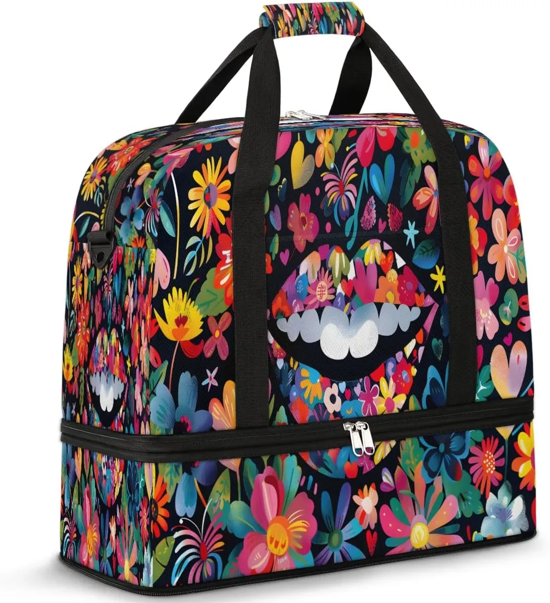 Travel Duffel Bags Lips Flower Prints Foldable Weekender Bags for Women with Shoes Compartment Waterproof & Tear Resistant Carry on Overnight Luggage Duffel Bag Shoulder Sports Tote Bag,B-485