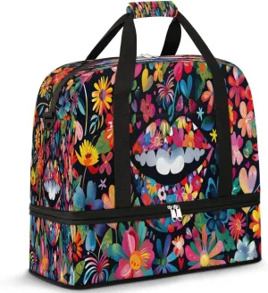 Travel Duffel Bags Lips Flower Prints Foldable Weekender Bags for Women with Shoes Compartment Waterproof & Tear Resistant Carry on Overnight Luggage Duffel Bag Shoulder Sports Tote Bag,B-485