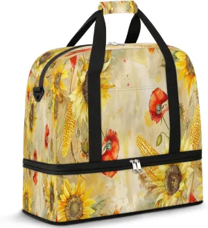 Travel Duffel Bags Poppy Sunflowers Corn Foldable Weekender Bags for Women with Shoes Compartment Waterproof & Tear Resistant Carry on Overnight Luggage Duffel Bag Shoulder Sports Tote Bag,B-241