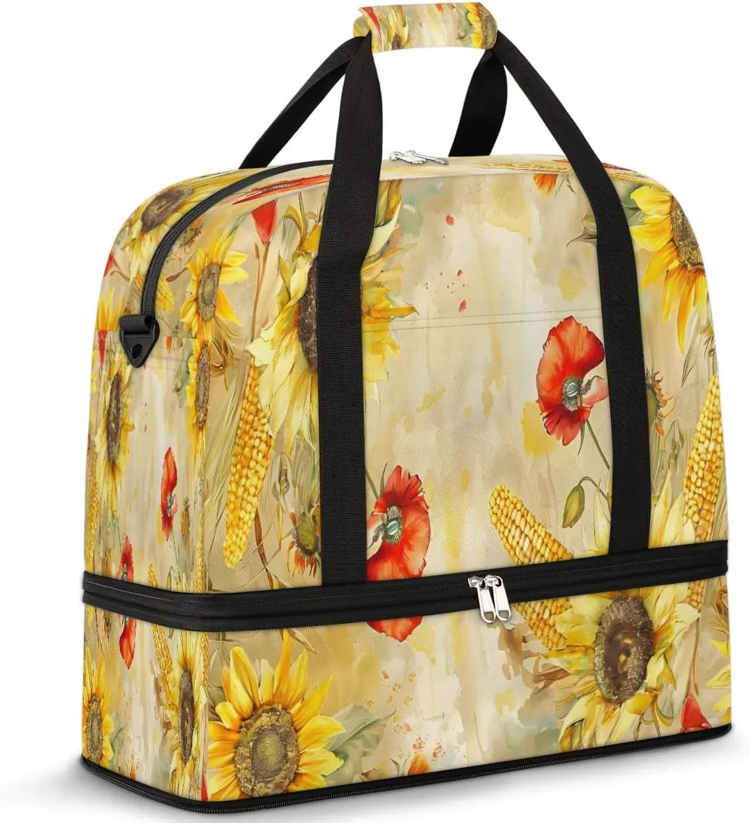 Travel Duffel Bags Poppy Sunflowers Corn Foldable Weekender Bags for Women with Shoes Compartment Waterproof & Tear Resistant Carry on Overnight Luggage Duffel Bag Shoulder Sports Tote Bag,B-241