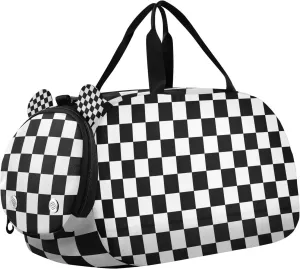 Travel Duffle Bag for Kids Boys Girls Black White Checkerboard Sports Bag Overnighter Duffle Sleepover Weekender with Shoes Compartment