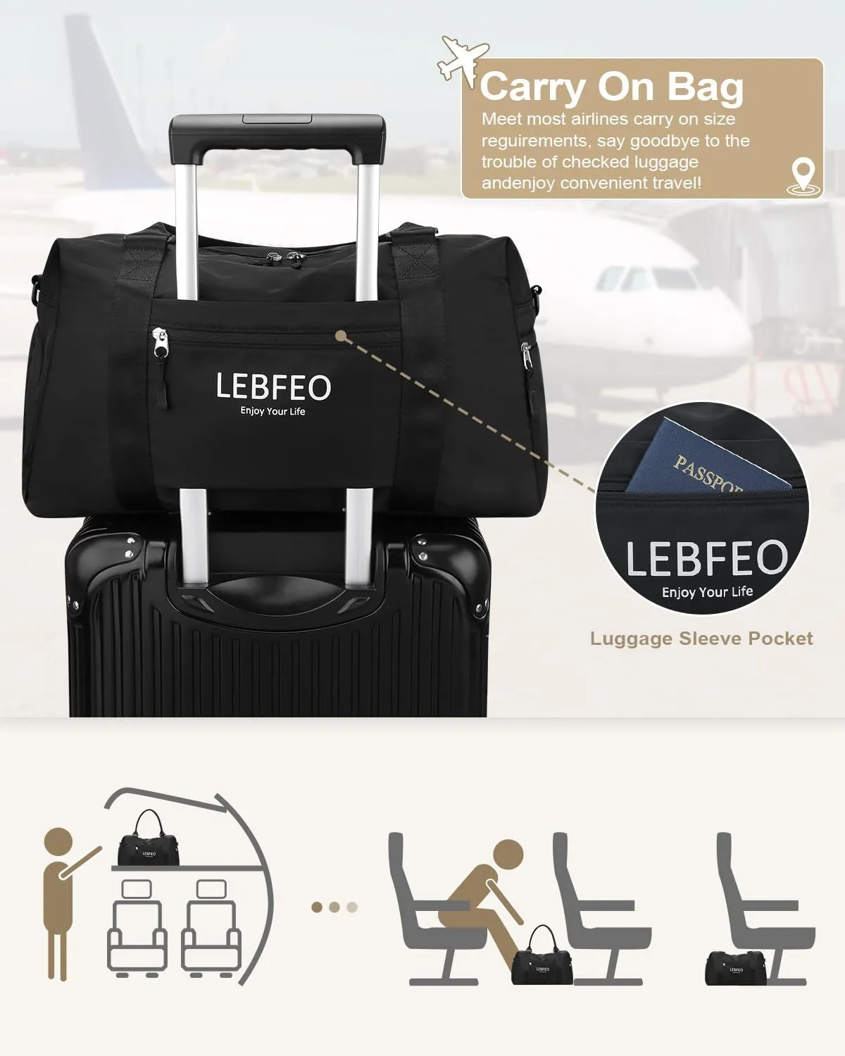 Travel Duffle Bag for Women Large Weekender Overnight Bags Gym Bag with Shoe Compartment Waterproof Hospital Bag Carry On Tote Bag for Airplanes,Black