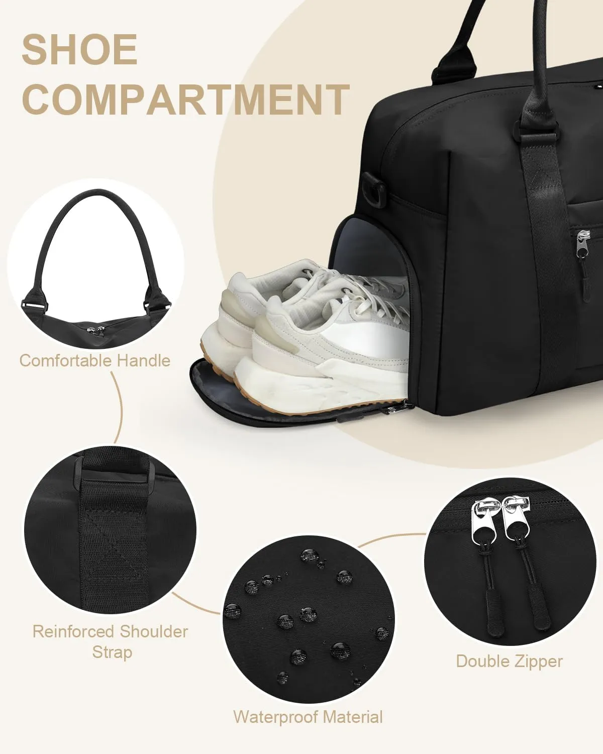 Travel Duffle Bag for Women Large Weekender Overnight Bags Gym Bag with Shoe Compartment Waterproof Hospital Bag Carry On Tote Bag for Airplanes,Black
