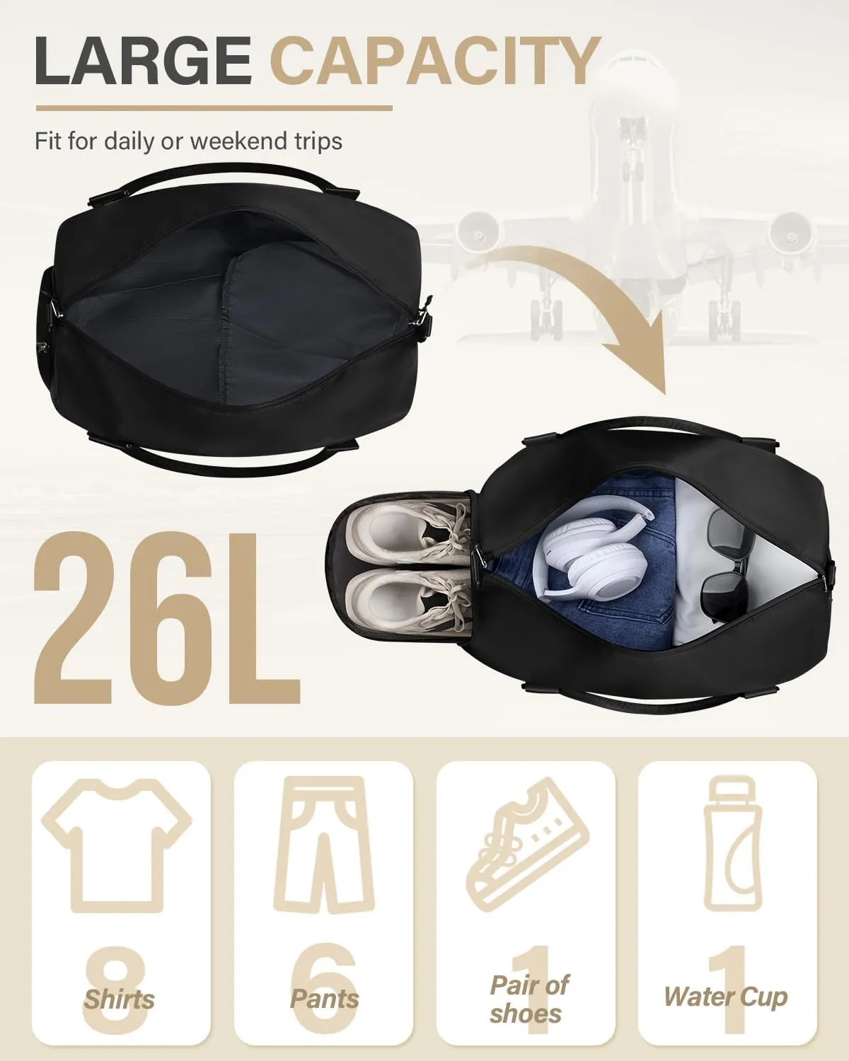 Travel Duffle Bag for Women Large Weekender Overnight Bags Gym Bag with Shoe Compartment Waterproof Hospital Bag Carry On Tote Bag for Airplanes,Black
