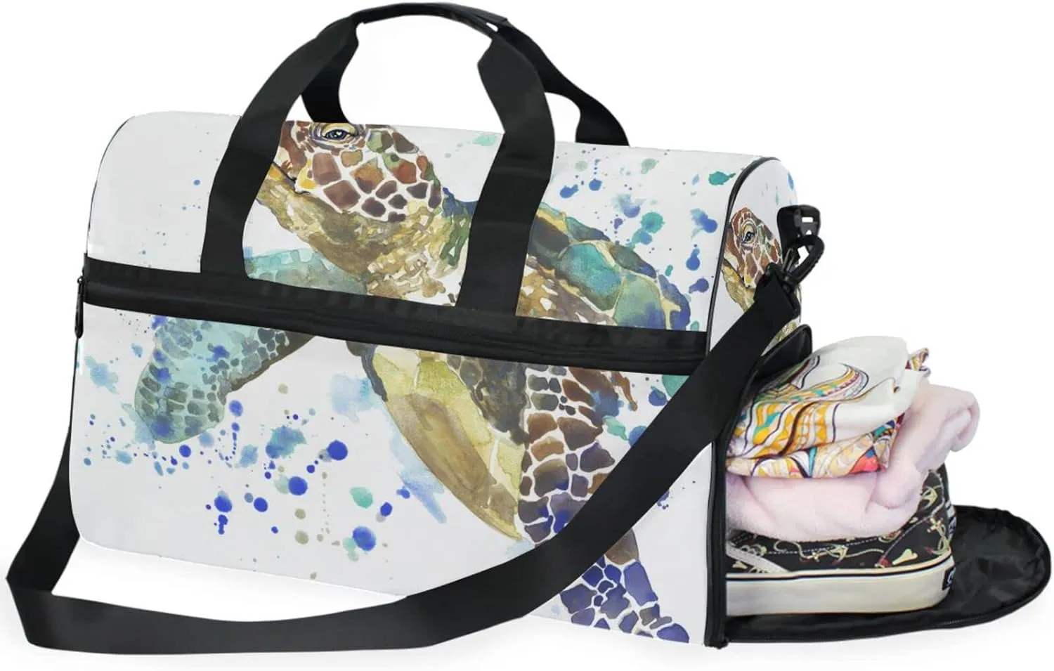 Travel Duffle Bag, Watercolor Sea Turtle Weekender Bag Large Sport Gym Bag with Shoe Compartment