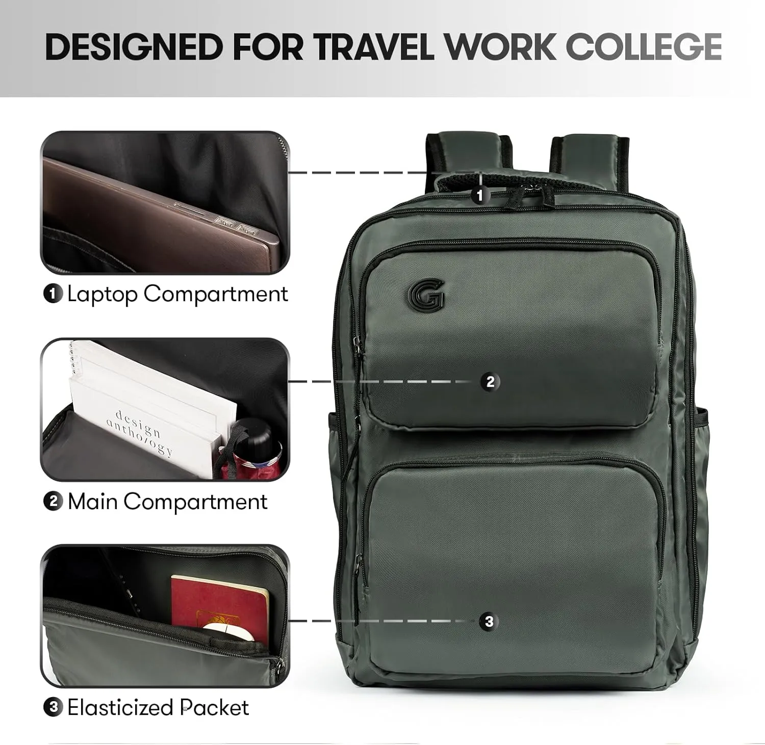 Travel Laptop Backpack, 17 inch Carry on Backpack Flight Approved. Full Closure Design and Separate Shoe Area. 8 Pockets Large Capacity. Forest-Green