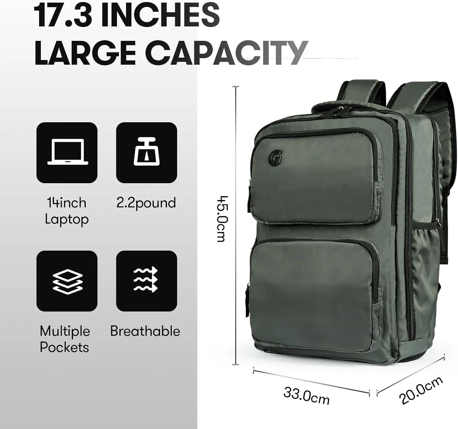 Travel Laptop Backpack, 17 inch Carry on Backpack Flight Approved. Full Closure Design and Separate Shoe Area. 8 Pockets Large Capacity. Forest-Green