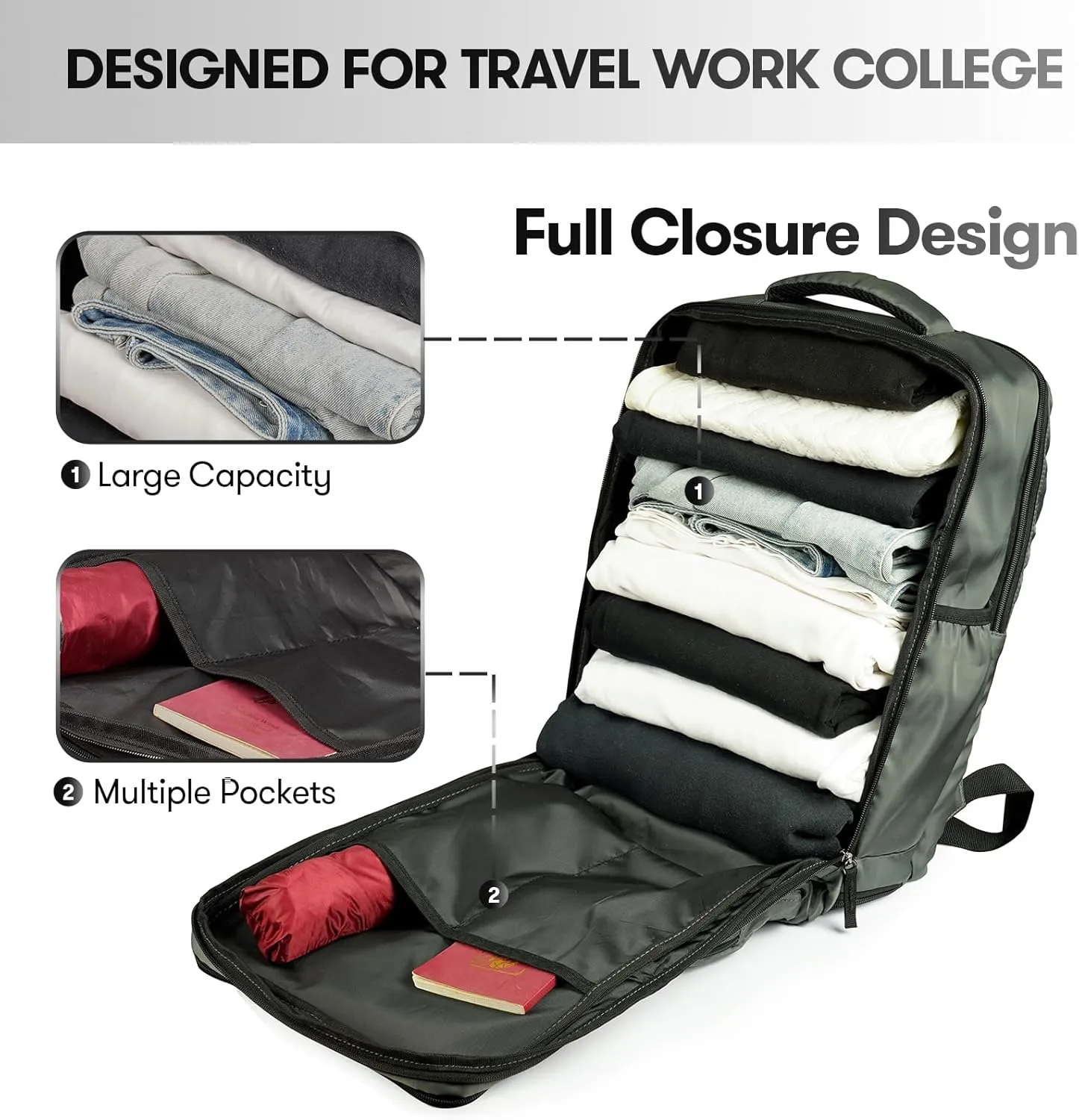 Travel Laptop Backpack, 17 inch Carry on Backpack Flight Approved. Full Closure Design and Separate Shoe Area. 8 Pockets Large Capacity. Forest-Green