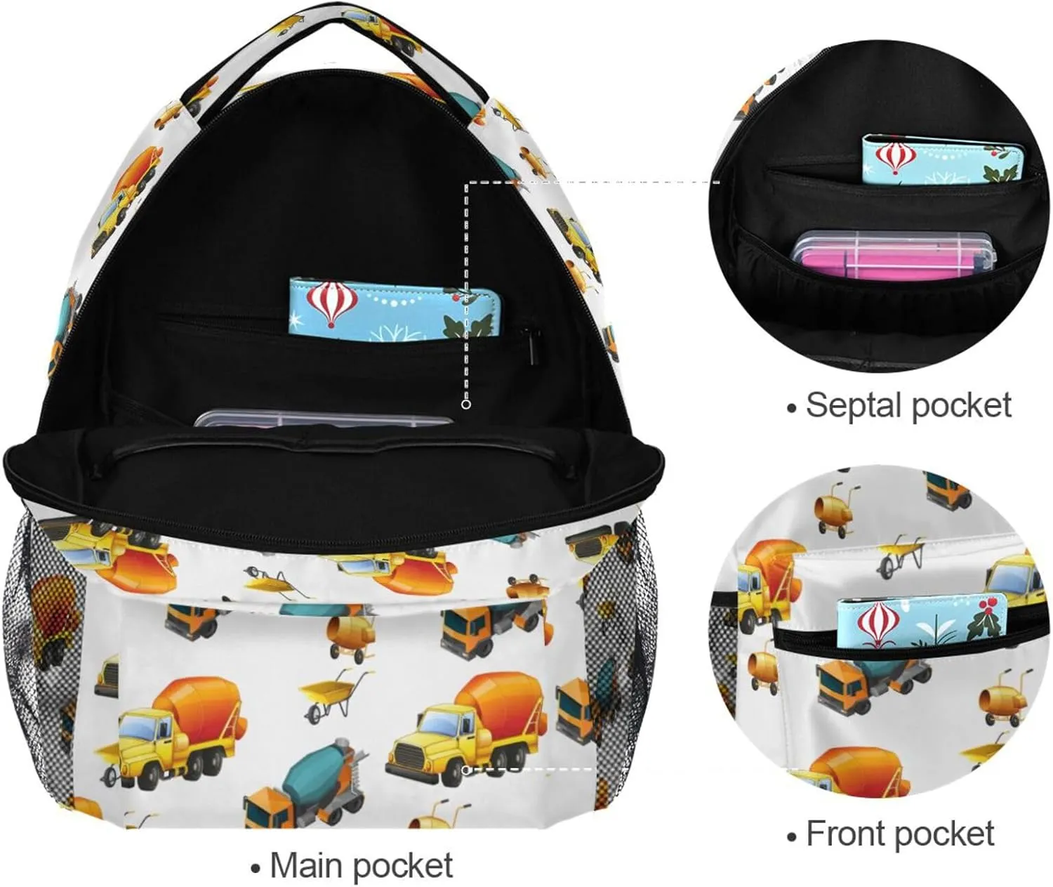 Travel Laptop Backpack Daypack Concrete Mixer Truck College School Computer Bag Bookbag for Kids, Fits 3 to 6 years old