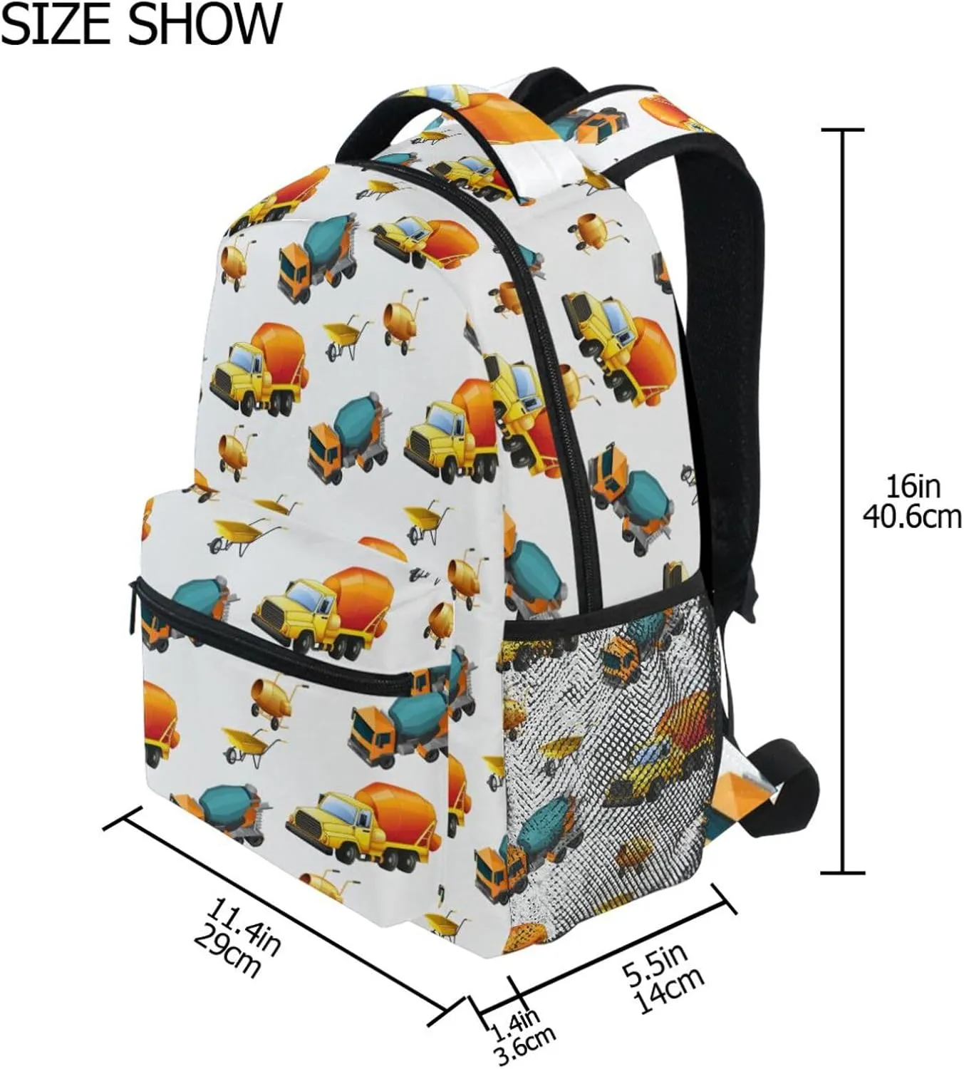 Travel Laptop Backpack Daypack Concrete Mixer Truck College School Computer Bag Bookbag for Kids, Fits 3 to 6 years old