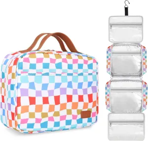 Travel Toiletry Bag for Women, Hanging Toiletry Bag with Hook Pastel Checkered Makeup Bag for Travel Size Toiletries, Cosmetics, Must Haves for Traveling Women