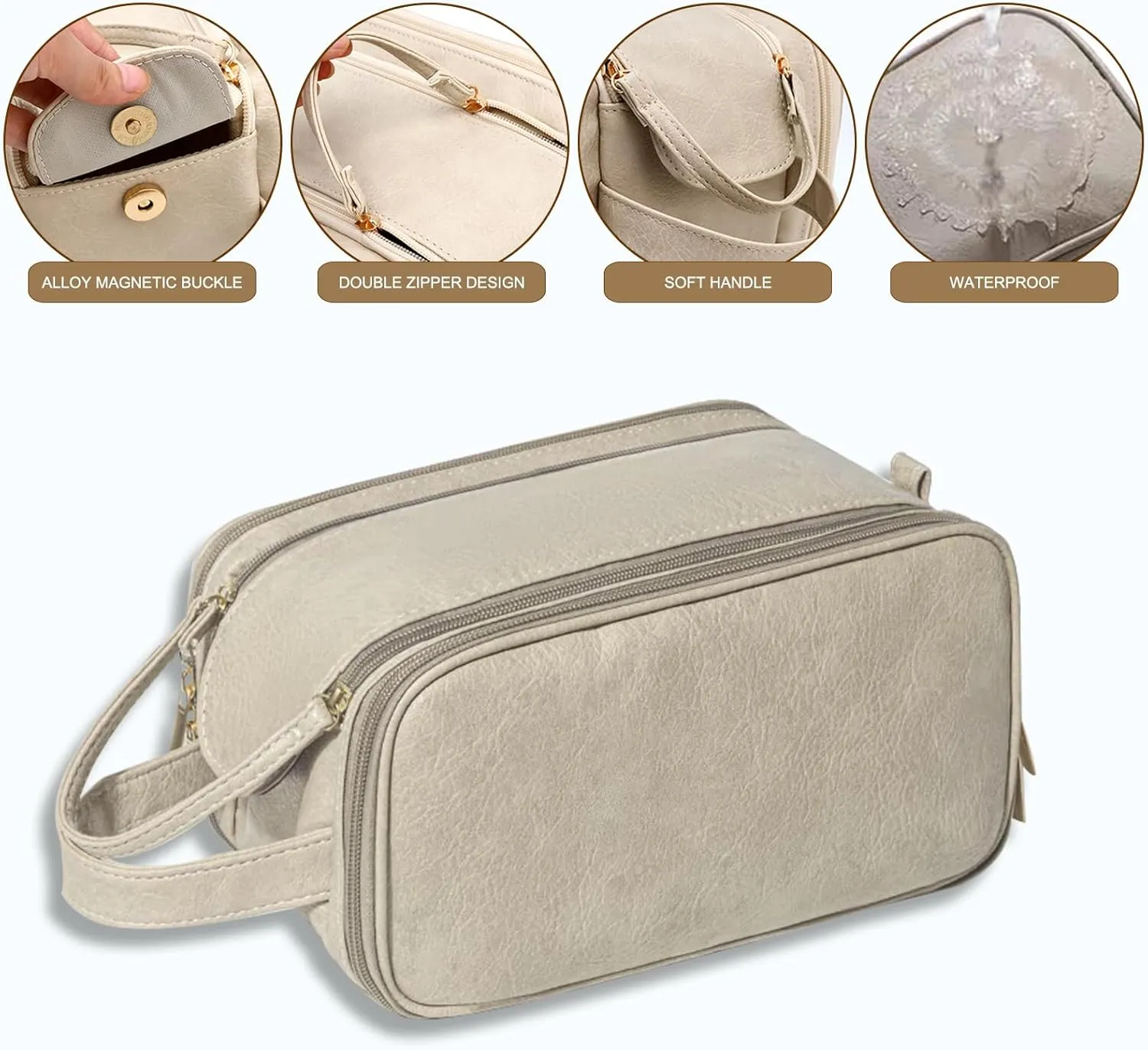 Travel Toiletry Bag for Women Men, Large Travel Toiletry Organizer Makeup Bag, Hanging Cosmetic Bag dopp kit Leather skin care Waterproof Shaving Bag for Toiletries Accessories (beige)