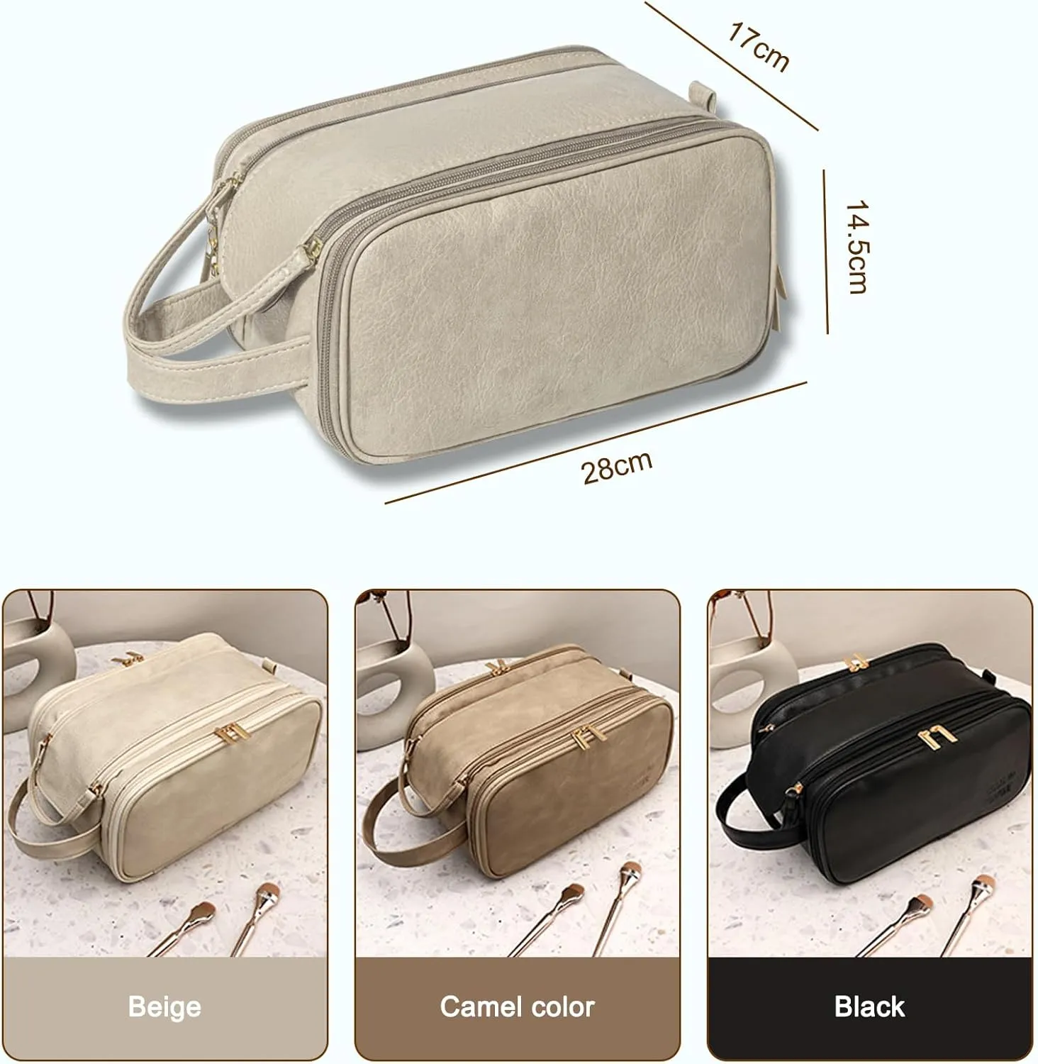 Travel Toiletry Bag for Women Men, Large Travel Toiletry Organizer Makeup Bag, Hanging Cosmetic Bag dopp kit Leather skin care Waterproof Shaving Bag for Toiletries Accessories (beige)