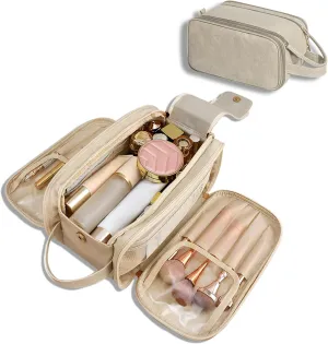Travel Toiletry Bag for Women Men, Large Travel Toiletry Organizer Makeup Bag, Hanging Cosmetic Bag dopp kit Leather skin care Waterproof Shaving Bag for Toiletries Accessories (beige)