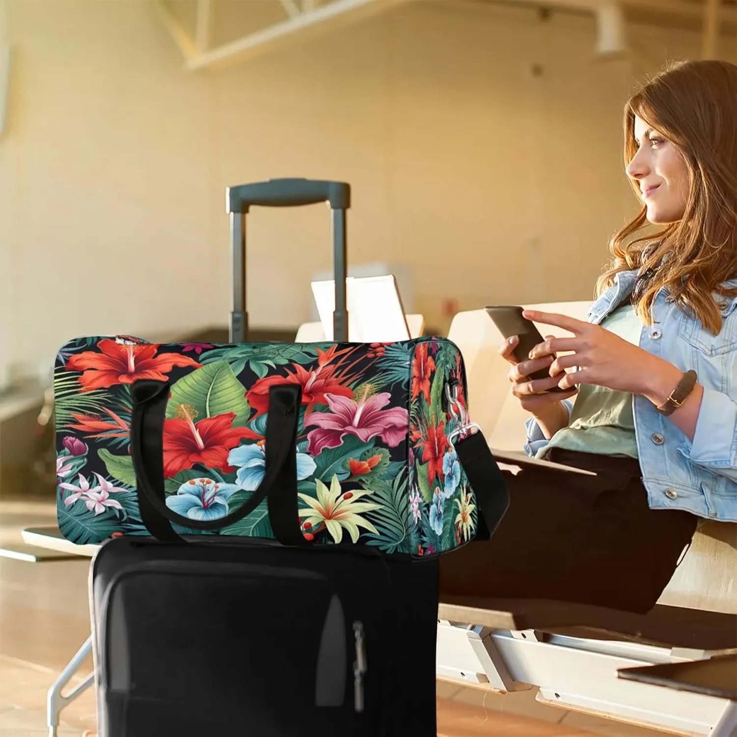 Tropical Hibiscu Floral Hawaii Palm Leaves Travel Duffle Bag, Sports Gym Bags for Women Men, Carry On Weekender Overnight Workout Airplane Trips Bag