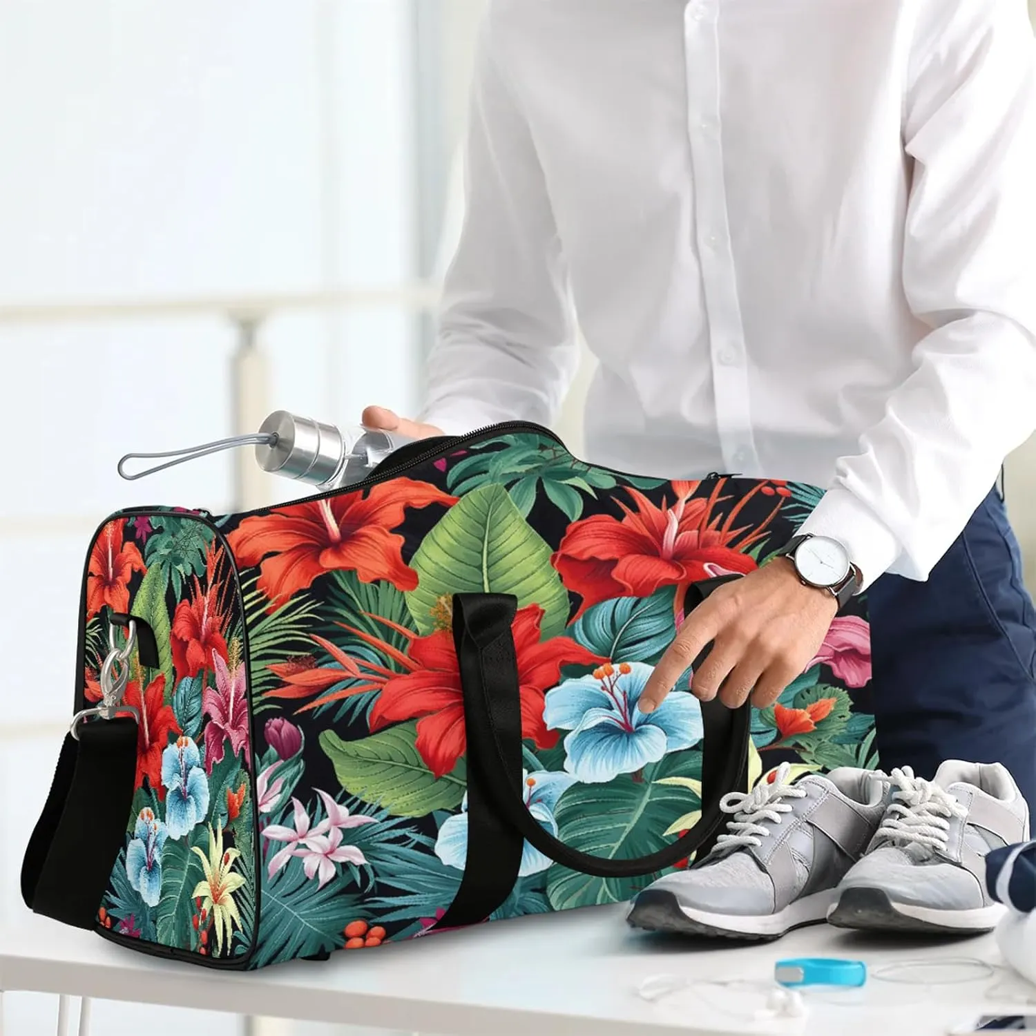Tropical Hibiscu Floral Hawaii Palm Leaves Travel Duffle Bag, Sports Gym Bags for Women Men, Carry On Weekender Overnight Workout Airplane Trips Bag
