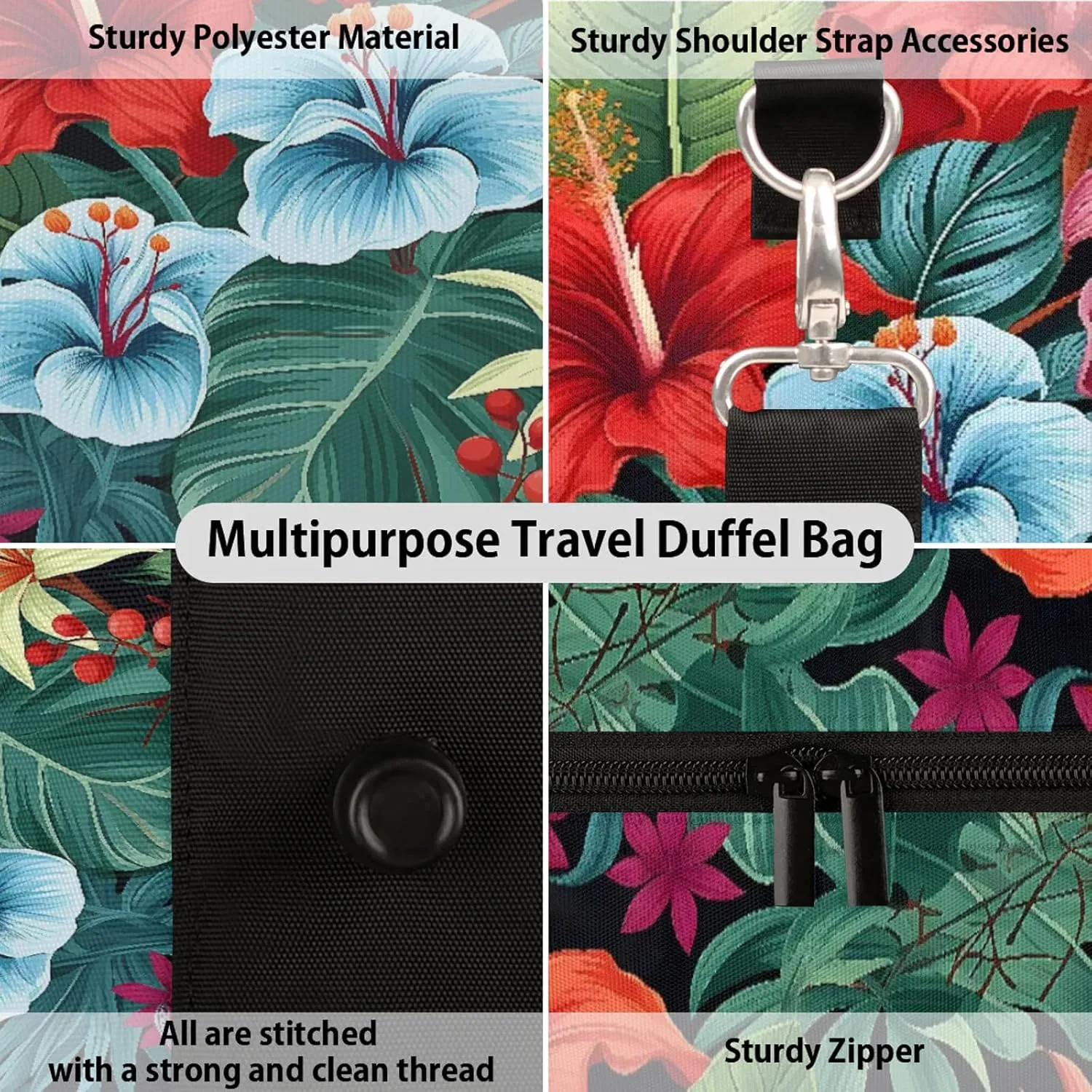 Tropical Hibiscu Floral Hawaii Palm Leaves Travel Duffle Bag, Sports Gym Bags for Women Men, Carry On Weekender Overnight Workout Airplane Trips Bag