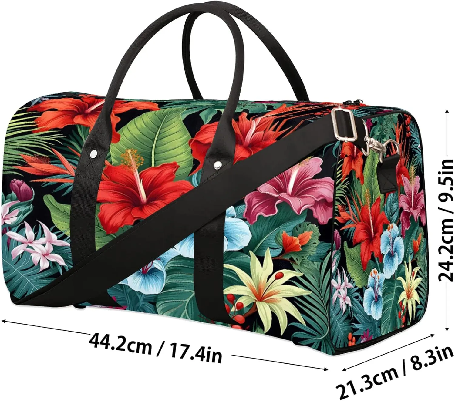 Tropical Hibiscu Floral Hawaii Palm Leaves Travel Duffle Bag, Sports Gym Bags for Women Men, Carry On Weekender Overnight Workout Airplane Trips Bag