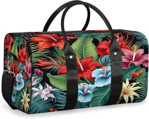 Tropical Hibiscu Floral Hawaii Palm Leaves Travel Duffle Bag, Sports Gym Bags for Women Men, Carry On Weekender Overnight Workout Airplane Trips Bag