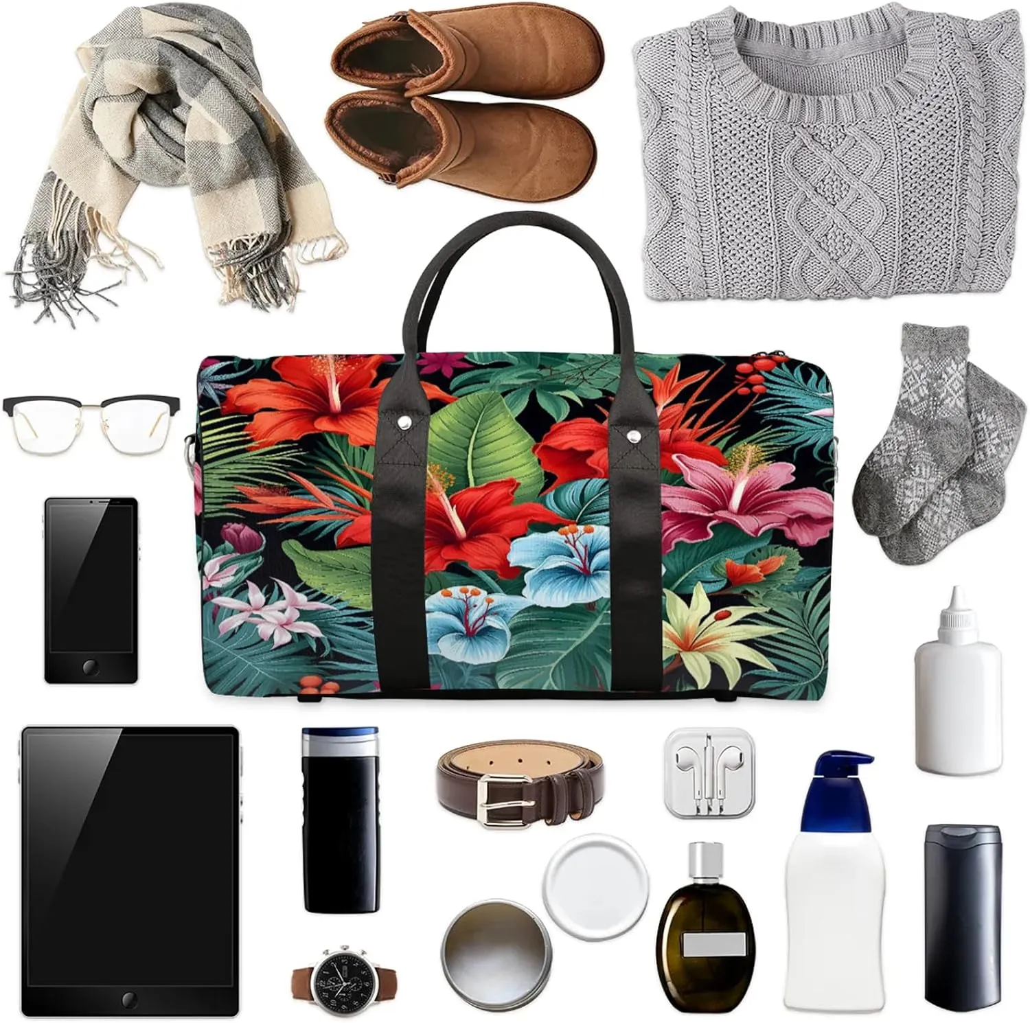 Tropical Hibiscu Floral Hawaii Palm Leaves Travel Duffle Bag, Sports Gym Bags for Women Men, Carry On Weekender Overnight Workout Airplane Trips Bag