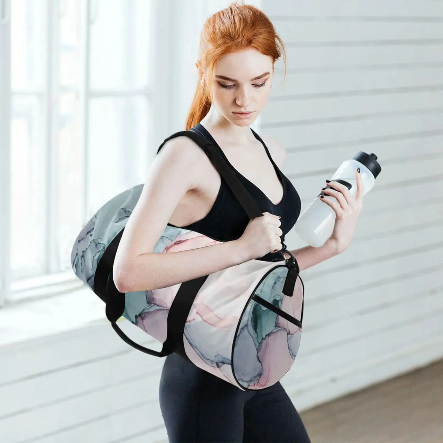 Turquoise Pink Marble Texture Abstract Liquid Ink Paint Duffel Bag, Foldable Canvas Travel Tote for Gym Sports with Inner Pockets, Durable Lightweight Fitness Bag for Overnight Workout