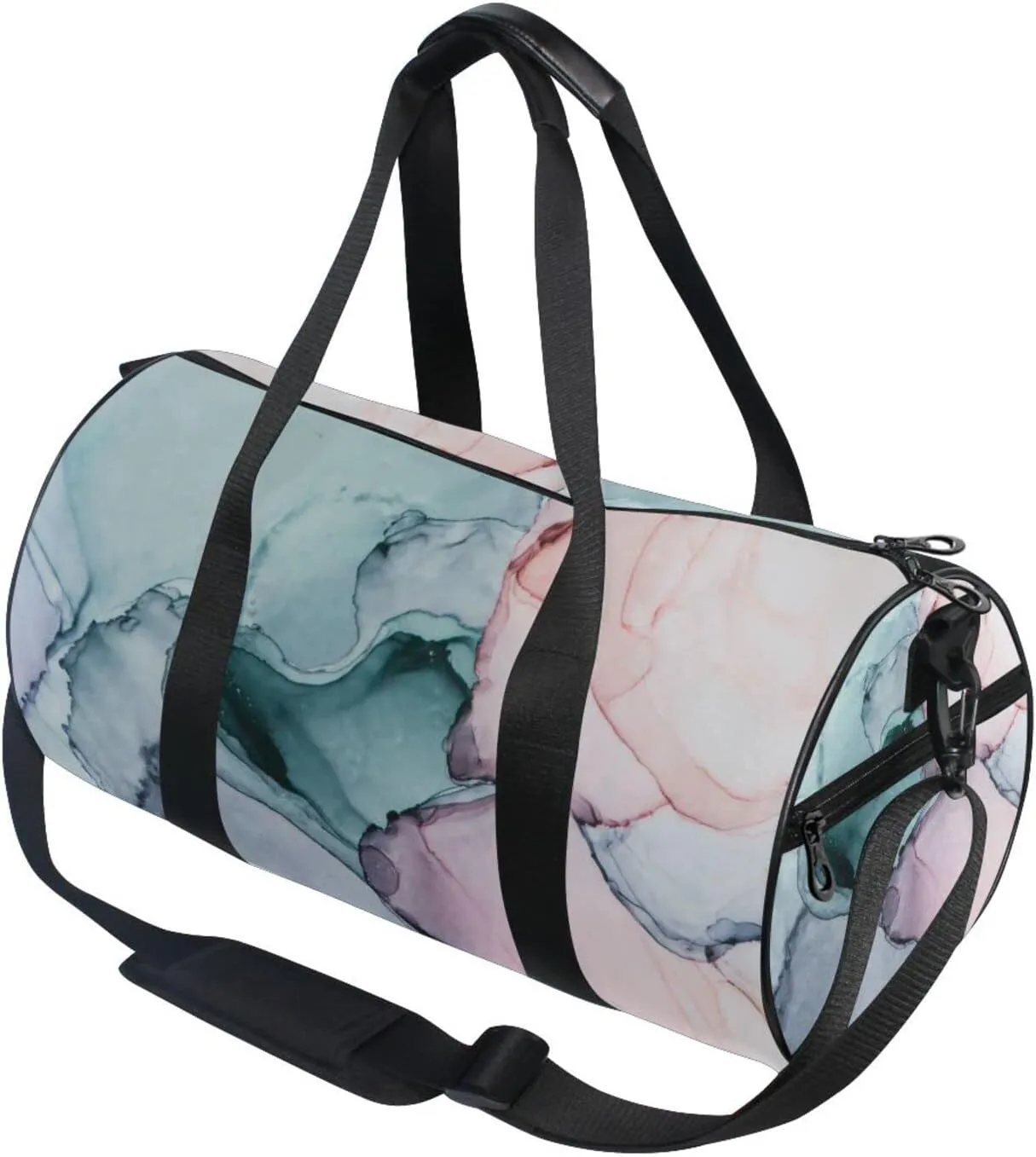 Turquoise Pink Marble Texture Abstract Liquid Ink Paint Duffel Bag, Foldable Canvas Travel Tote for Gym Sports with Inner Pockets, Durable Lightweight Fitness Bag for Overnight Workout