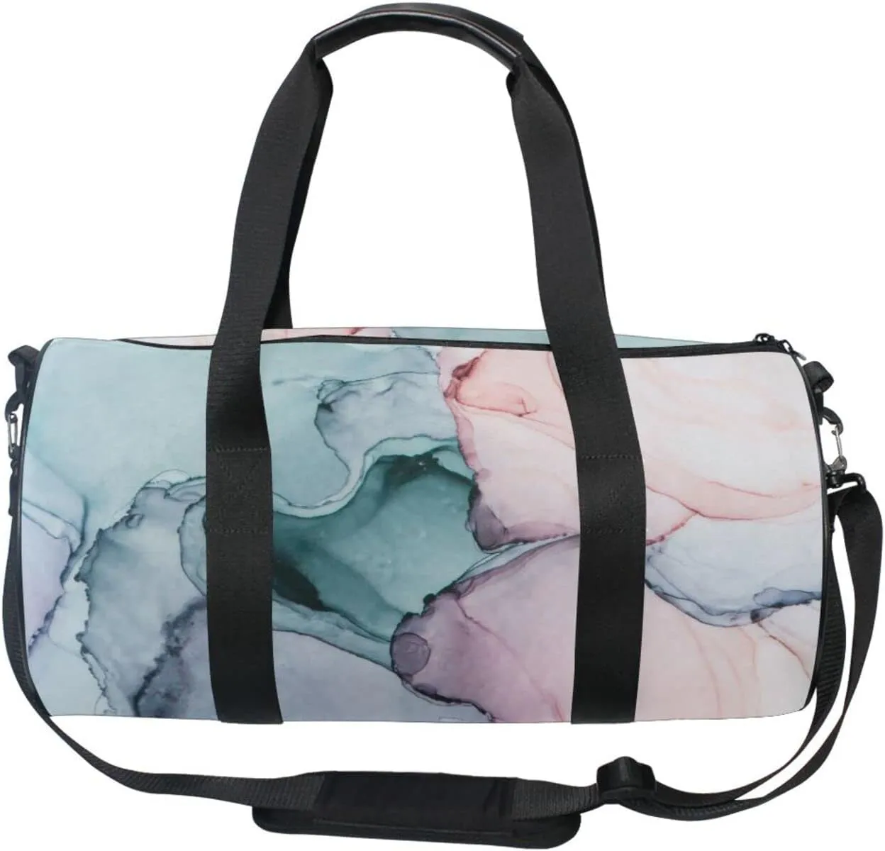 Turquoise Pink Marble Texture Abstract Liquid Ink Paint Duffel Bag, Foldable Canvas Travel Tote for Gym Sports with Inner Pockets, Durable Lightweight Fitness Bag for Overnight Workout