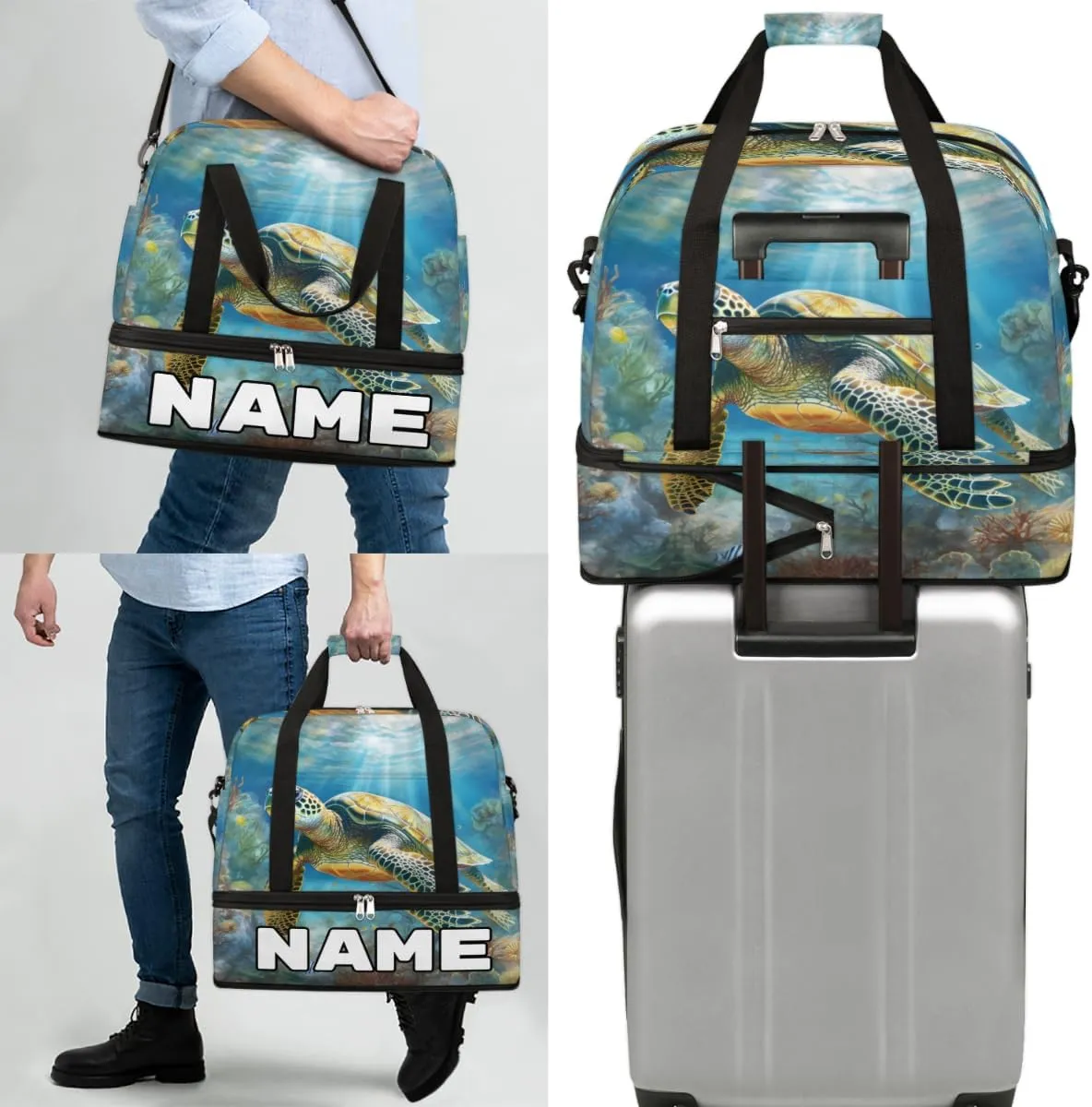 Turtle Print Custom Foldable Duffle Bag with Shoes Compartment Personalized Large Capacity Waterproof Travel Weekender Bag Overnight Bag for Sports Gym