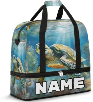Turtle Print Custom Foldable Duffle Bag with Shoes Compartment Personalized Large Capacity Waterproof Travel Weekender Bag Overnight Bag for Sports Gym