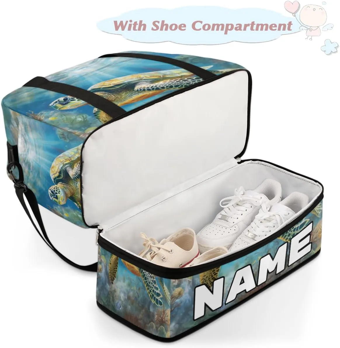 Turtle Print Custom Foldable Duffle Bag with Shoes Compartment Personalized Large Capacity Waterproof Travel Weekender Bag Overnight Bag for Sports Gym