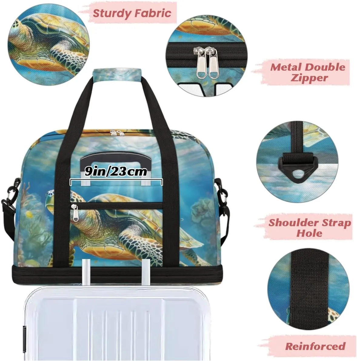 Turtle Print Custom Foldable Duffle Bag with Shoes Compartment Personalized Large Capacity Waterproof Travel Weekender Bag Overnight Bag for Sports Gym