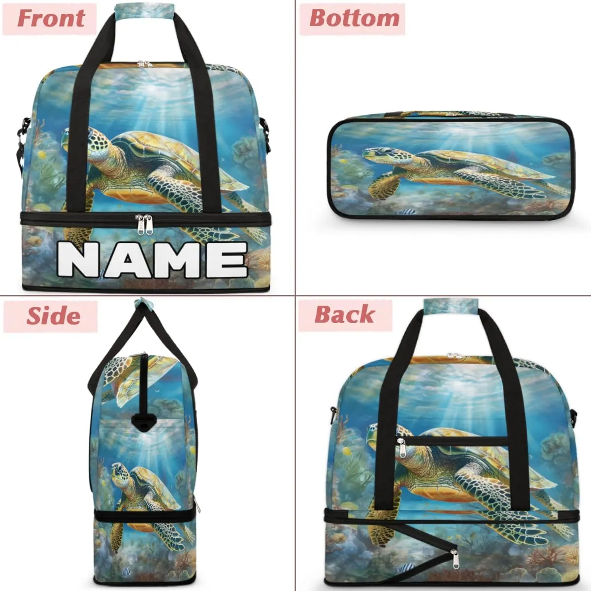 Turtle Print Custom Foldable Duffle Bag with Shoes Compartment Personalized Large Capacity Waterproof Travel Weekender Bag Overnight Bag for Sports Gym