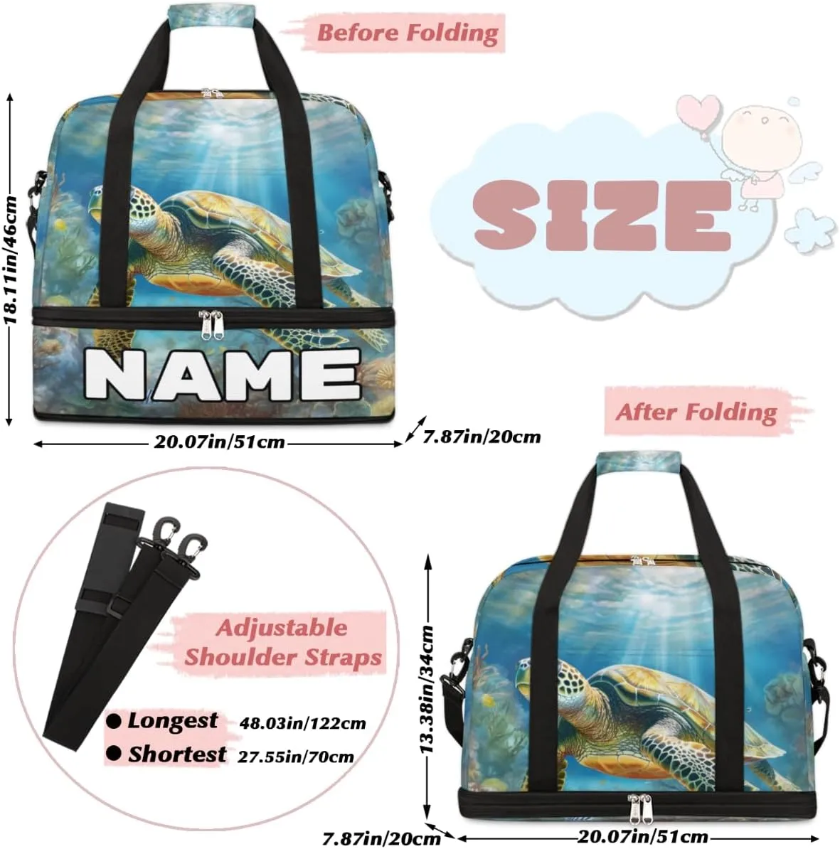 Turtle Print Custom Foldable Duffle Bag with Shoes Compartment Personalized Large Capacity Waterproof Travel Weekender Bag Overnight Bag for Sports Gym