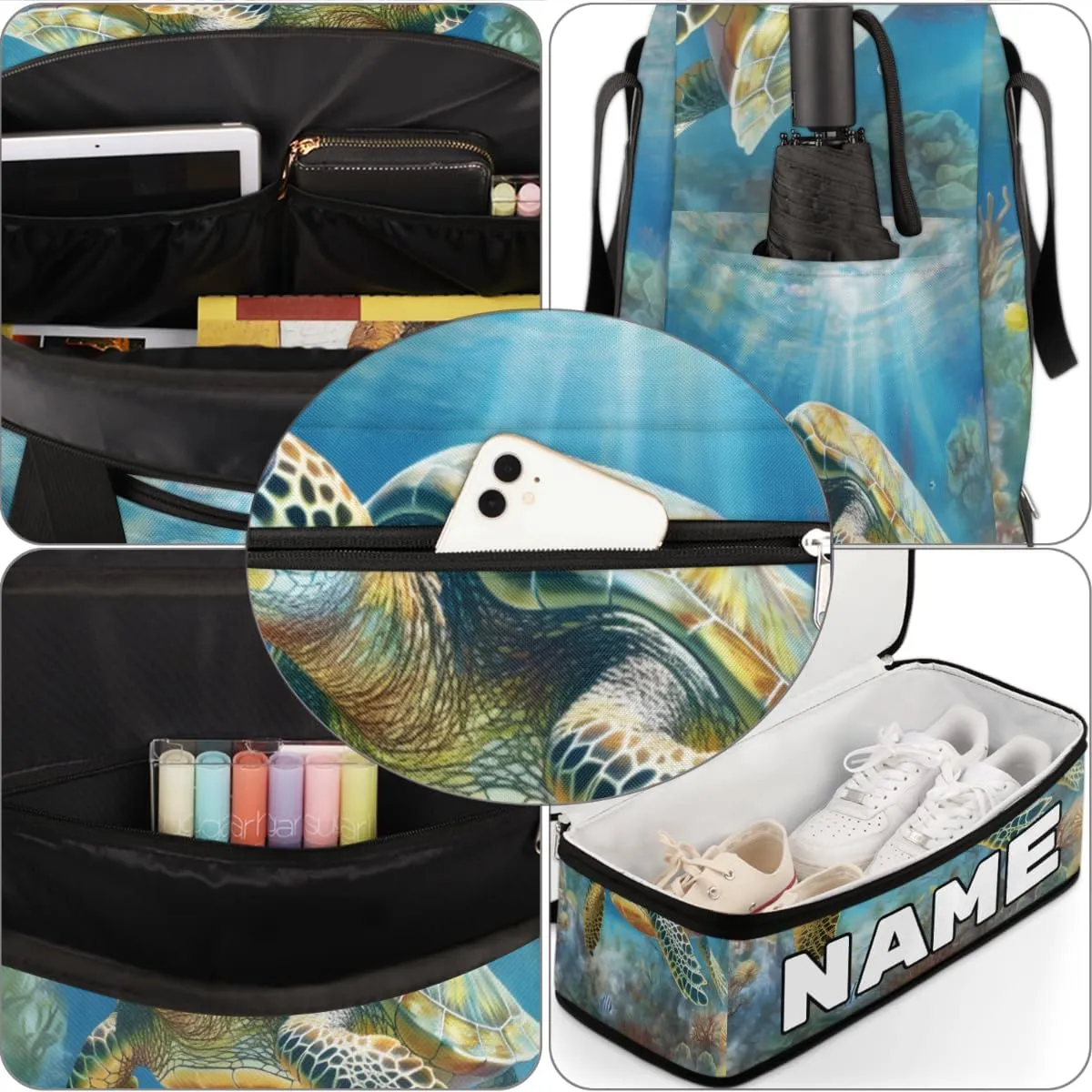 Turtle Print Custom Foldable Duffle Bag with Shoes Compartment Personalized Large Capacity Waterproof Travel Weekender Bag Overnight Bag for Sports Gym