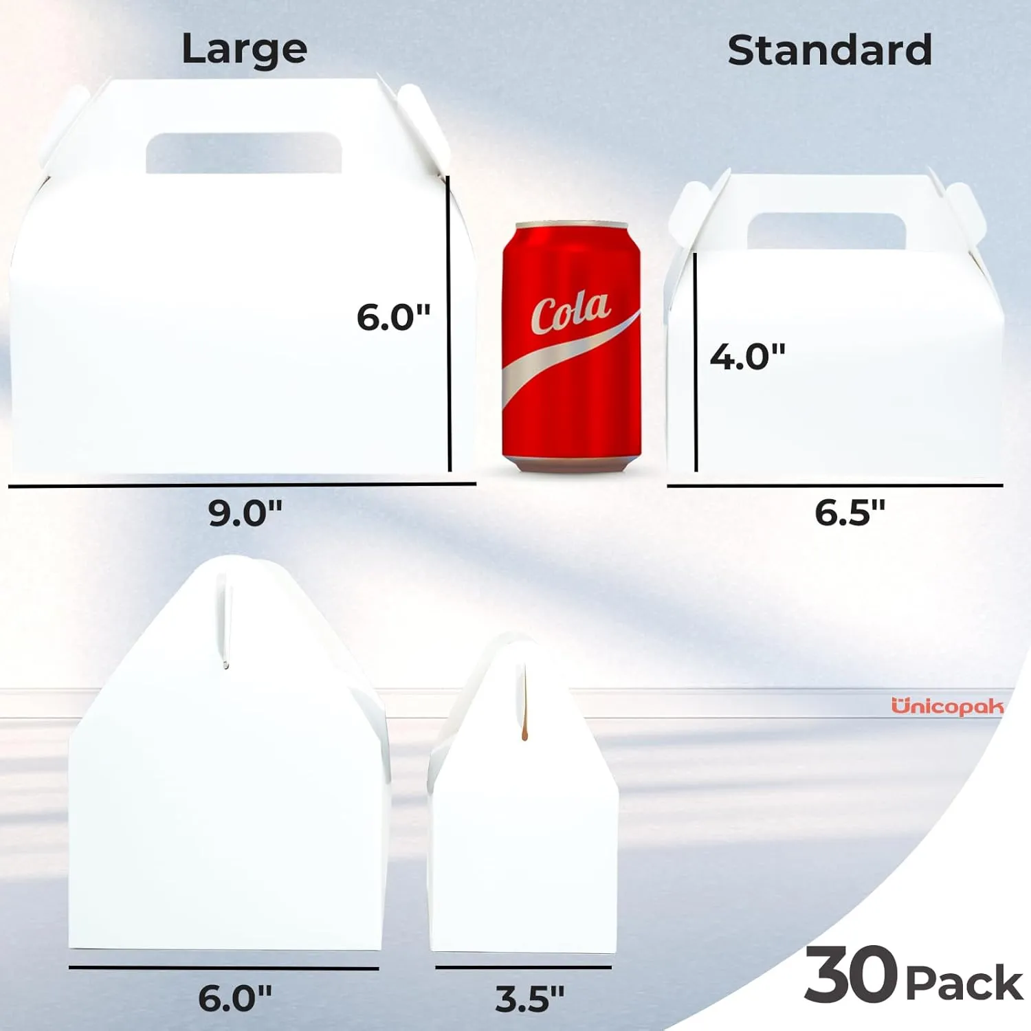 UnicoPak 30 Pcs 9x6x6 Large Gable Boxes White Gift Boxes with Handles Bakery Boxes Treat Boxes Paper Lunch Boxes To Go Boxes for Birthday Wedding Party Favors Picnic Christmas