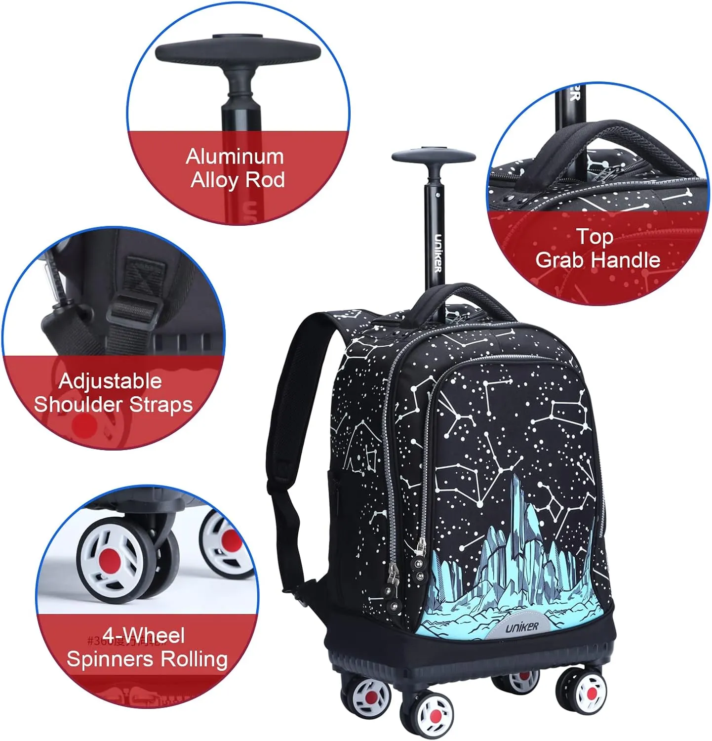 UNIKER Rolling Backpack with Wheels for Travel, Roller Backpack for Women, Wheeled Laptop Bag Fits 15.6 Inch Notebook