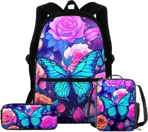 Upetstory 3pcs/set Butterfly Backpack for Girls School Bag with Lunch Box Pencil Purse 3-5 6-8 10-12 Kids Schoolbag Children Bookbag Elementary Kindergarten Preschool Travel Rucksack Daypack