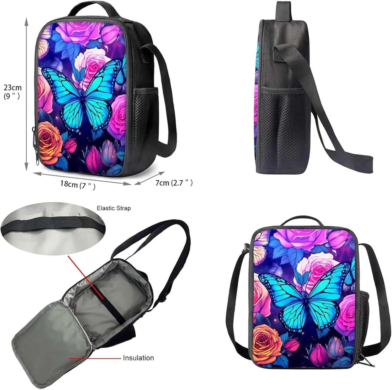 Upetstory 3pcs/set Butterfly Backpack for Girls School Bag with Lunch Box Pencil Purse 3-5 6-8 10-12 Kids Schoolbag Children Bookbag Elementary Kindergarten Preschool Travel Rucksack Daypack